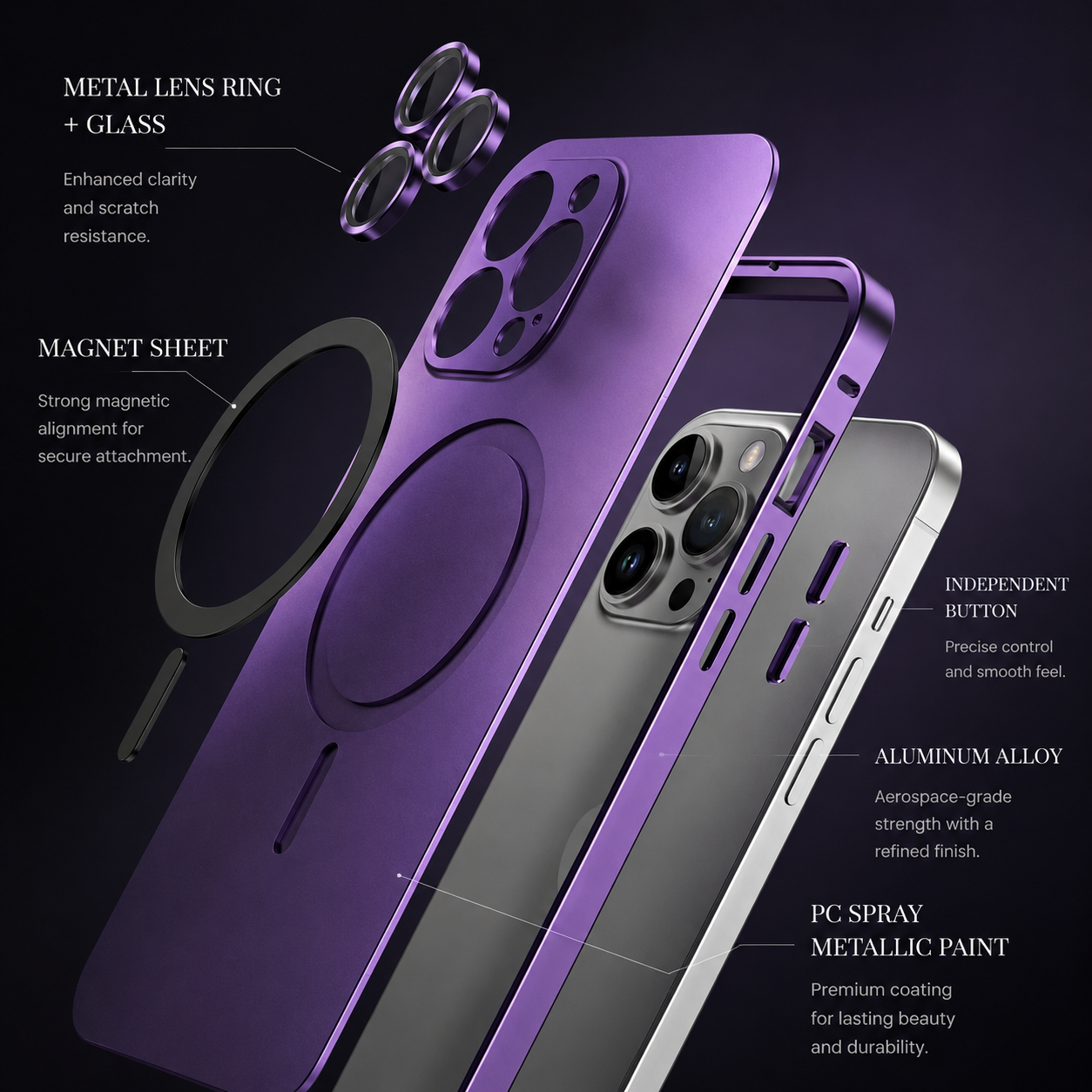 Premium iPhone Case MagSafe Compatible Camera Lens Protection Shockproof Protective Cover Aluminum Metal Frame Magnetic Wireless Charging Hard Back Design