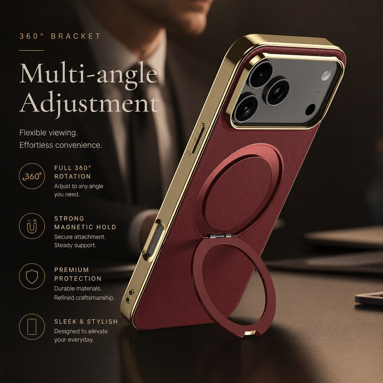 Premium iPhone Case MagSafe Compatible Camera Lens Protection Shockproof Protective Cover Genuine Cowhide Leather Ring Stand Design