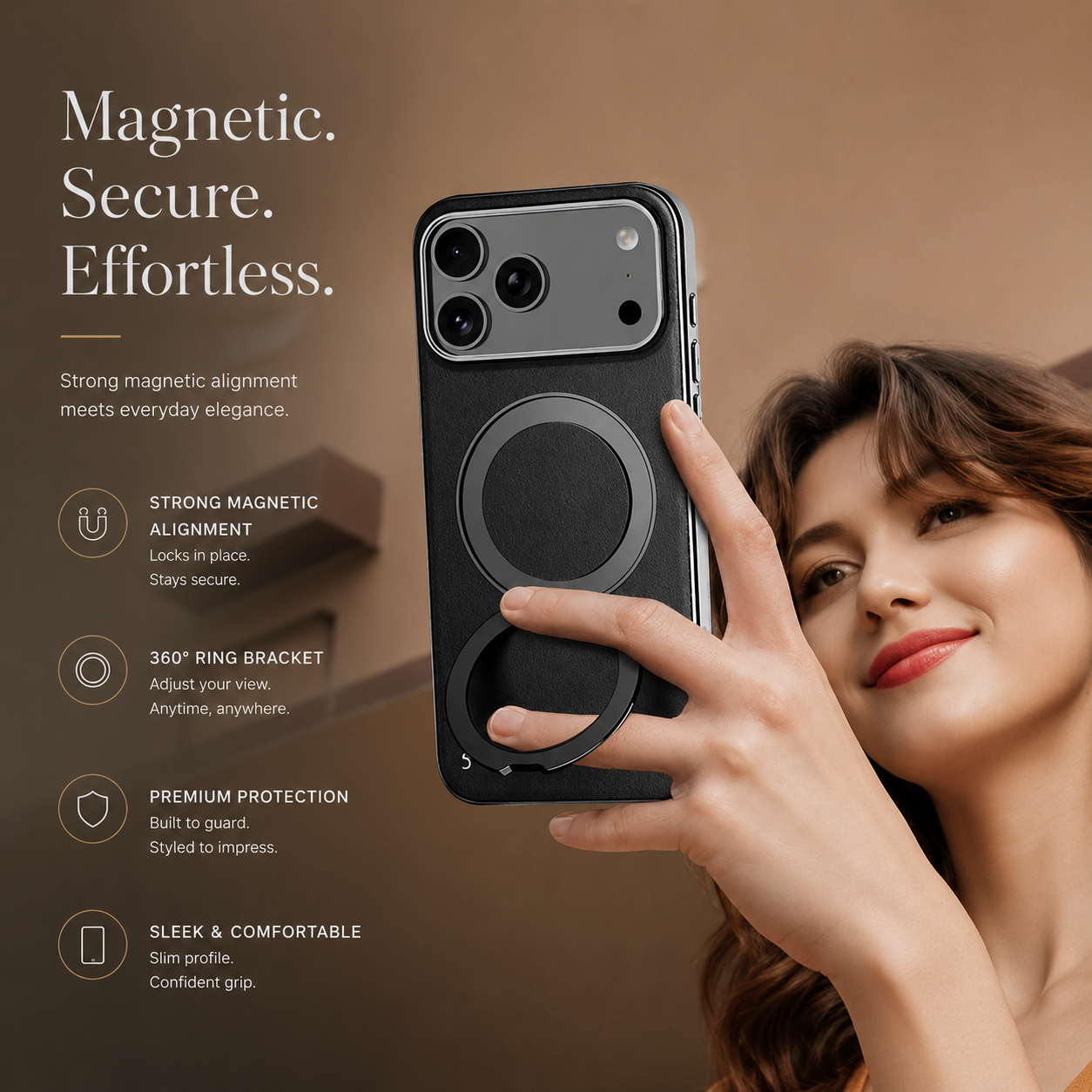 Premium iPhone Case MagSafe Compatible Camera Lens Protection Shockproof Protective Cover Genuine Cowhide Leather Ring Stand Design