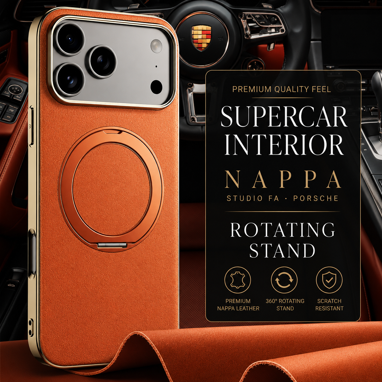 Premium iPhone Case MagSafe Compatible Camera Lens Protection Shockproof Protective Cover Genuine Cowhide Leather Ring Stand Design