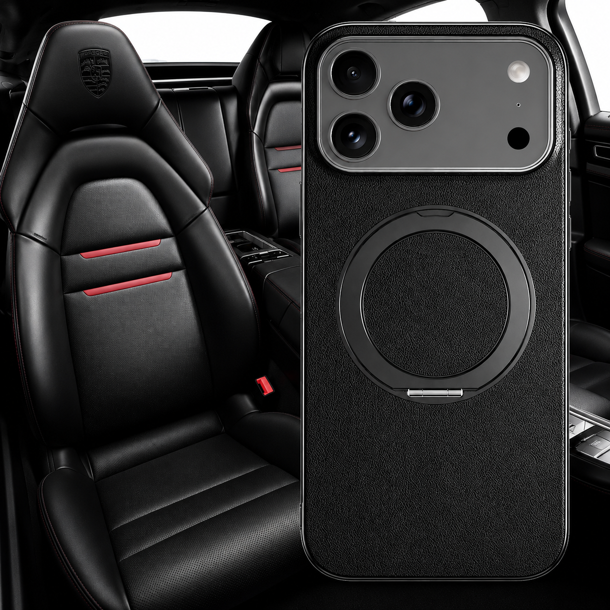 Premium iPhone Case MagSafe Compatible Camera Lens Protection Shockproof Protective Cover Genuine Cowhide Leather Ring Stand Design