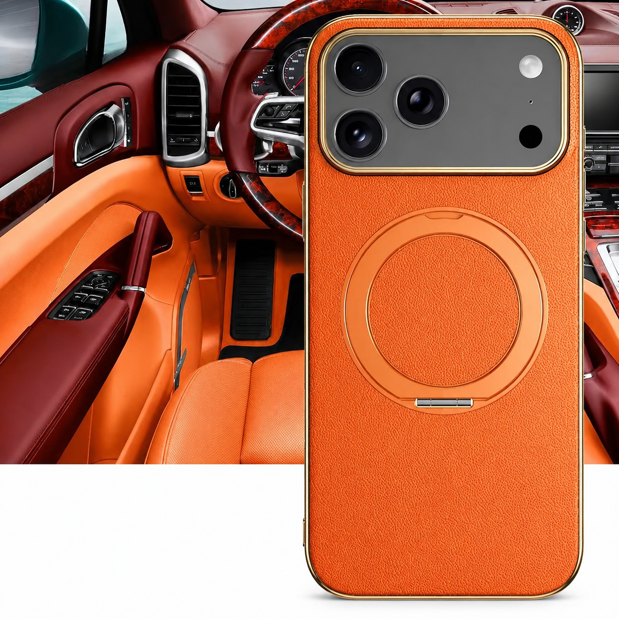 Premium iPhone Case MagSafe Compatible Camera Lens Protection Shockproof Protective Cover Genuine Cowhide Leather Ring Stand Design