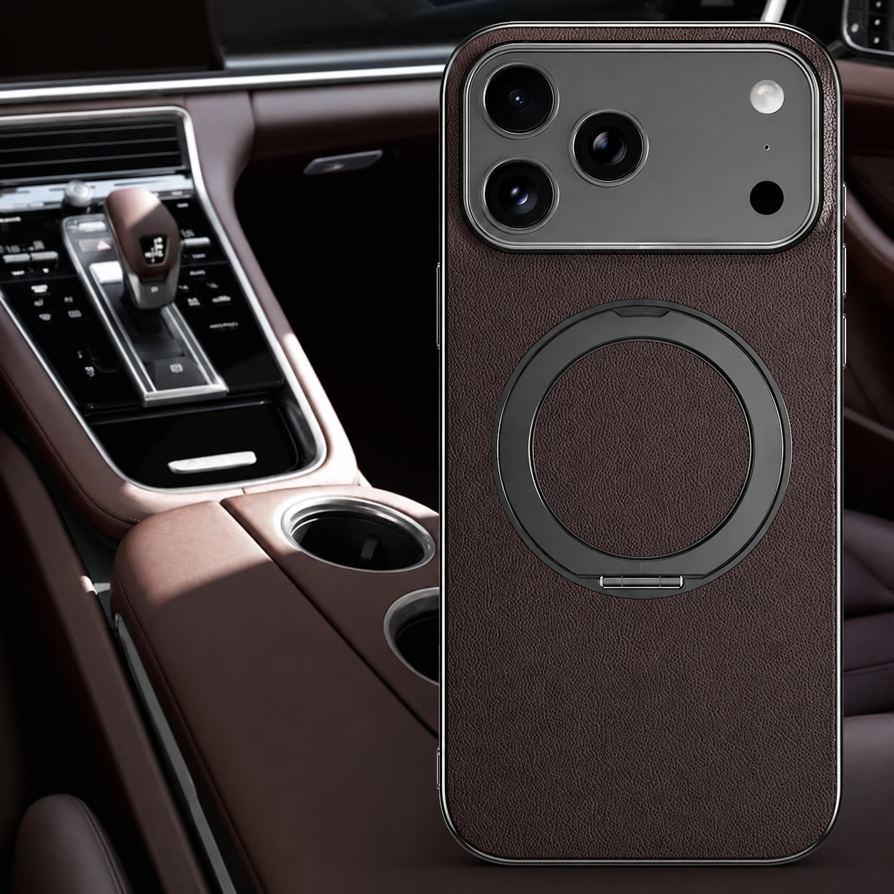 Premium iPhone Case MagSafe Compatible Camera Lens Protection Shockproof Protective Cover Genuine Cowhide Leather Ring Stand Design
