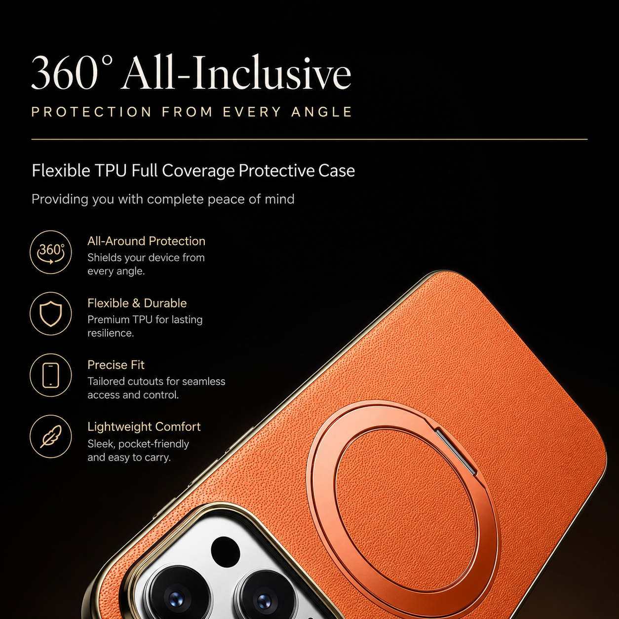 Premium iPhone Case MagSafe Compatible Camera Lens Protection Shockproof Protective Cover Genuine Cowhide Leather Ring Stand Design