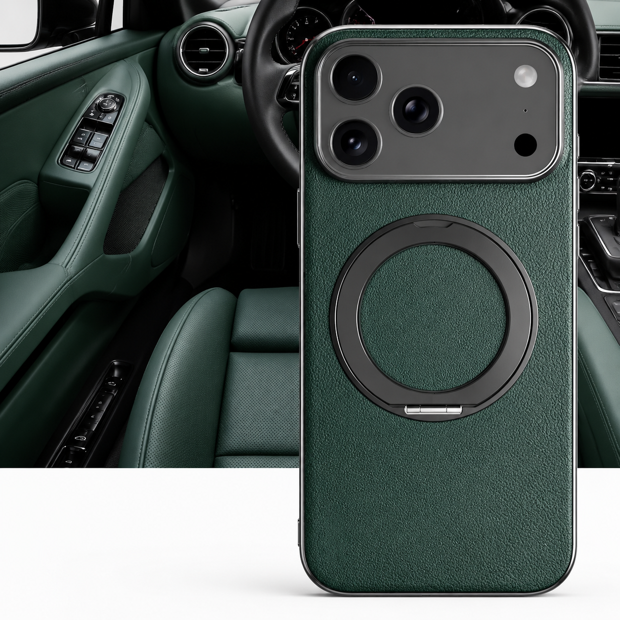 Premium iPhone Case MagSafe Compatible Camera Lens Protection Shockproof Protective Cover Leather Back Magnetic Ring Holder Full Coverage Design