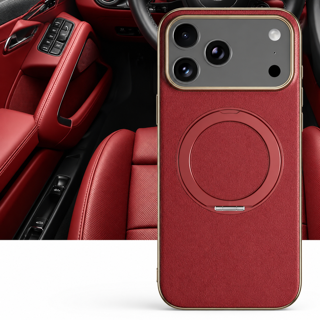 Premium iPhone Case MagSafe Compatible Camera Lens Protection Shockproof Protective Cover Leather Back Magnetic Ring Holder Full Coverage Design
