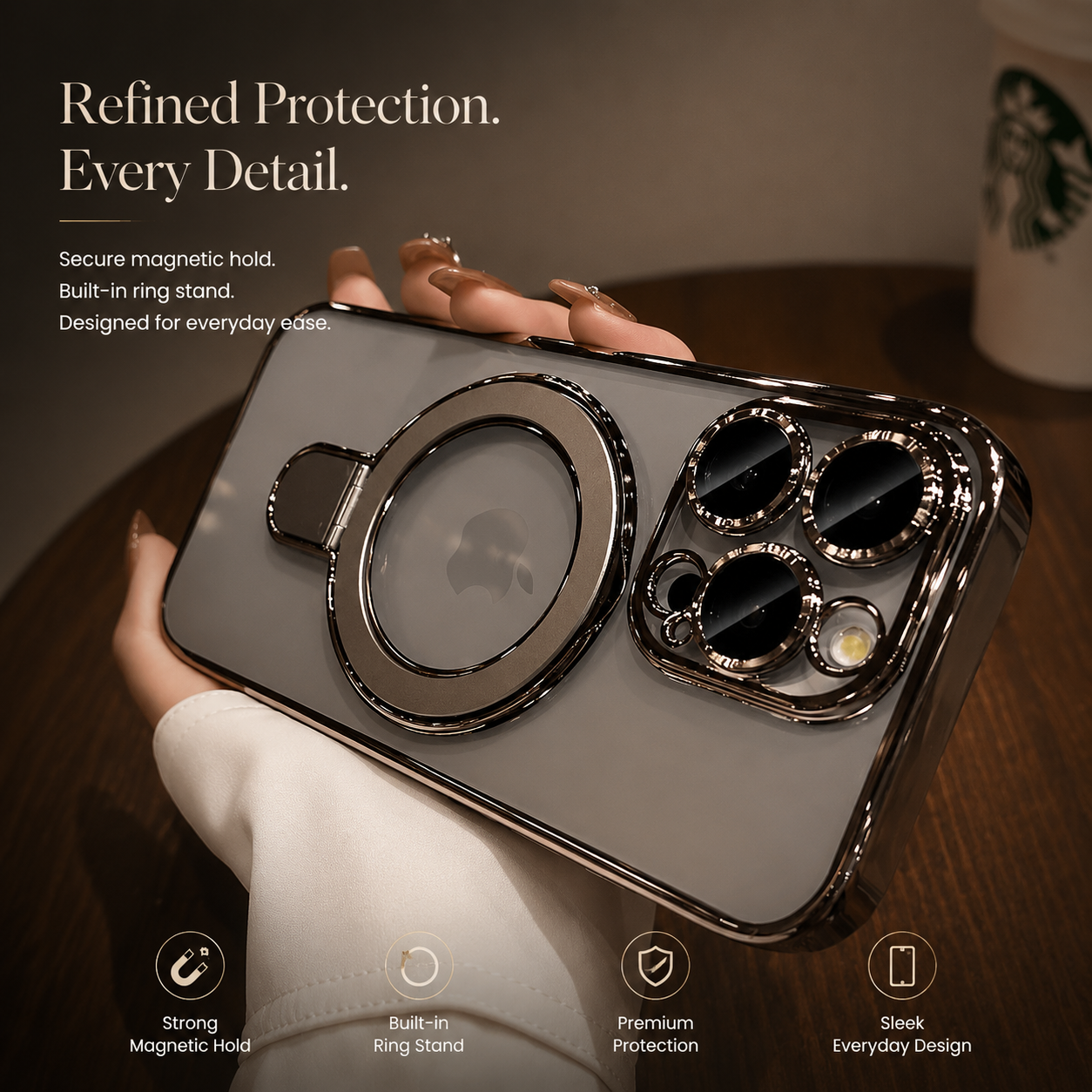 Premium iPhone Case MagSafe Compatible Camera Lens Protection Shockproof Protective Cover Magnetic Stand Anti Fingerprint Clear Acrylic Design