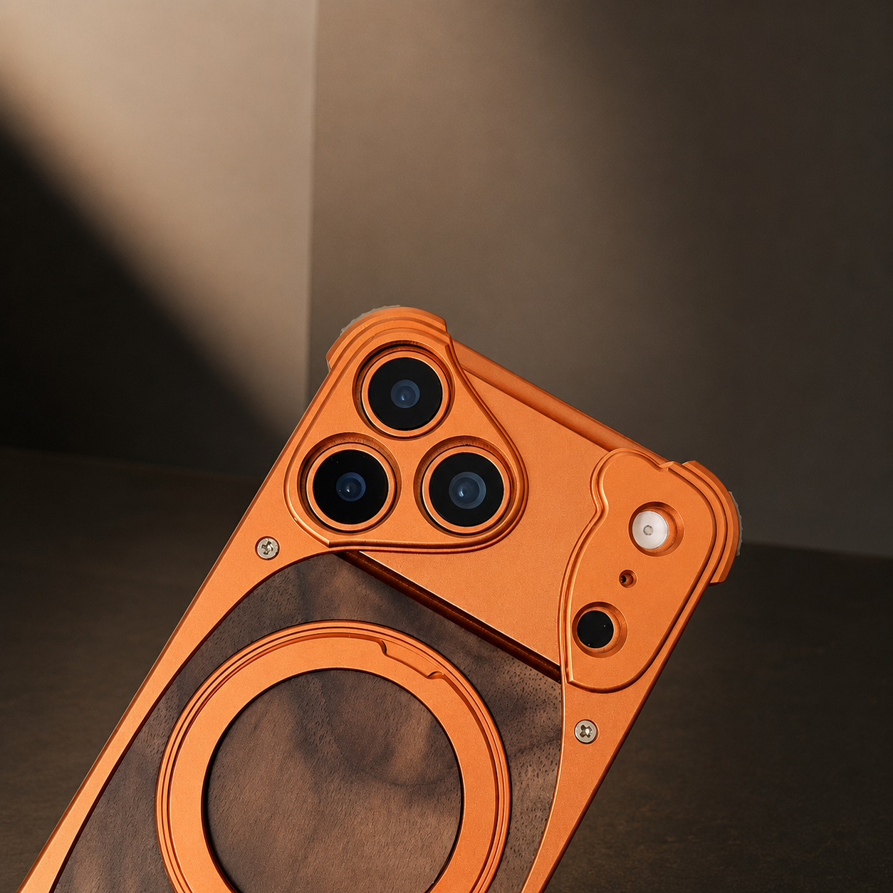 Premium iPhone Case MagSafe Compatible Camera Lens Protection Shockproof Protective Cover Walnut Wood Aluminum Frame Magnetic Stand Design