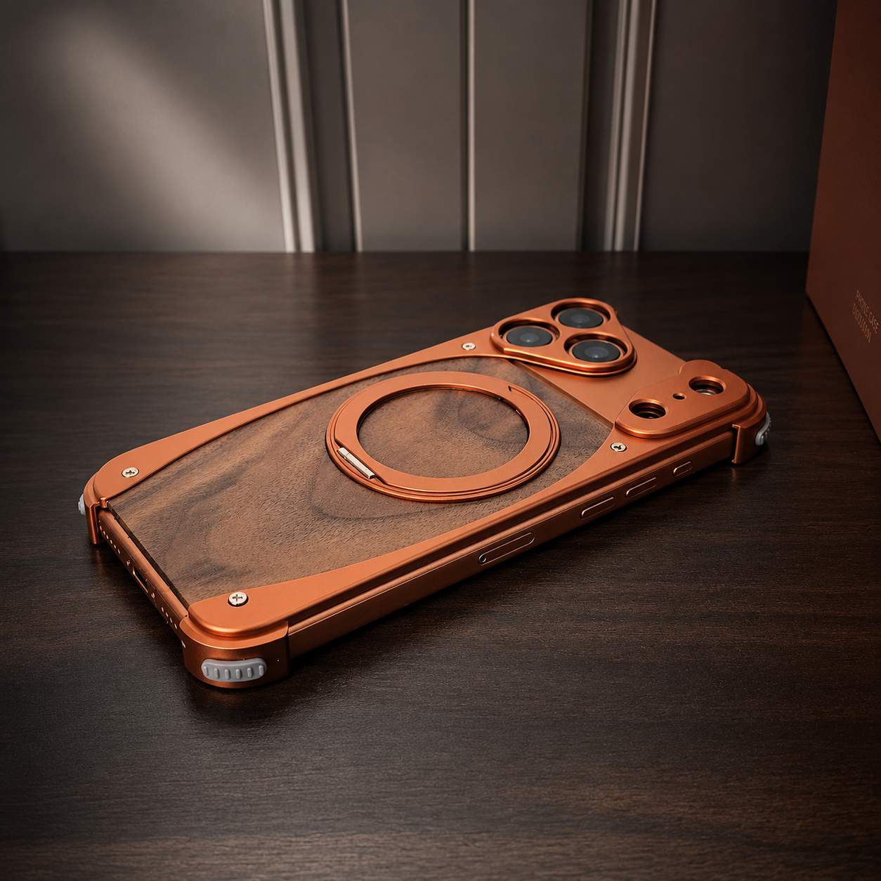 Premium iPhone Case MagSafe Compatible Camera Lens Protection Shockproof Protective Cover Walnut Wood Aluminum Frame Magnetic Stand Design