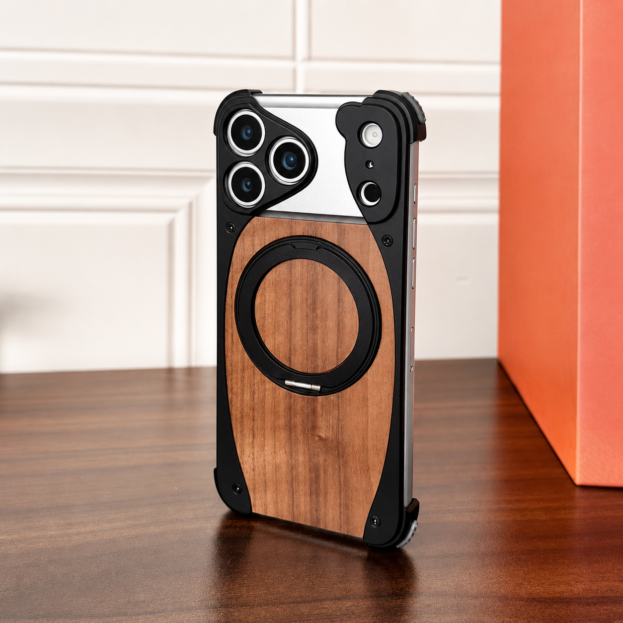 Premium iPhone Case MagSafe Compatible Camera Lens Protection Shockproof Protective Cover Walnut Wood Aluminum Frame Magnetic Stand Design