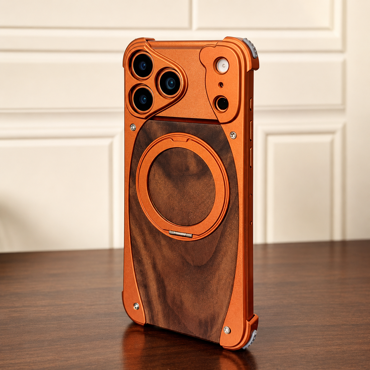 Premium iPhone Case MagSafe Compatible Camera Lens Protection Shockproof Protective Cover Walnut Wood Aluminum Frame Magnetic Stand Design