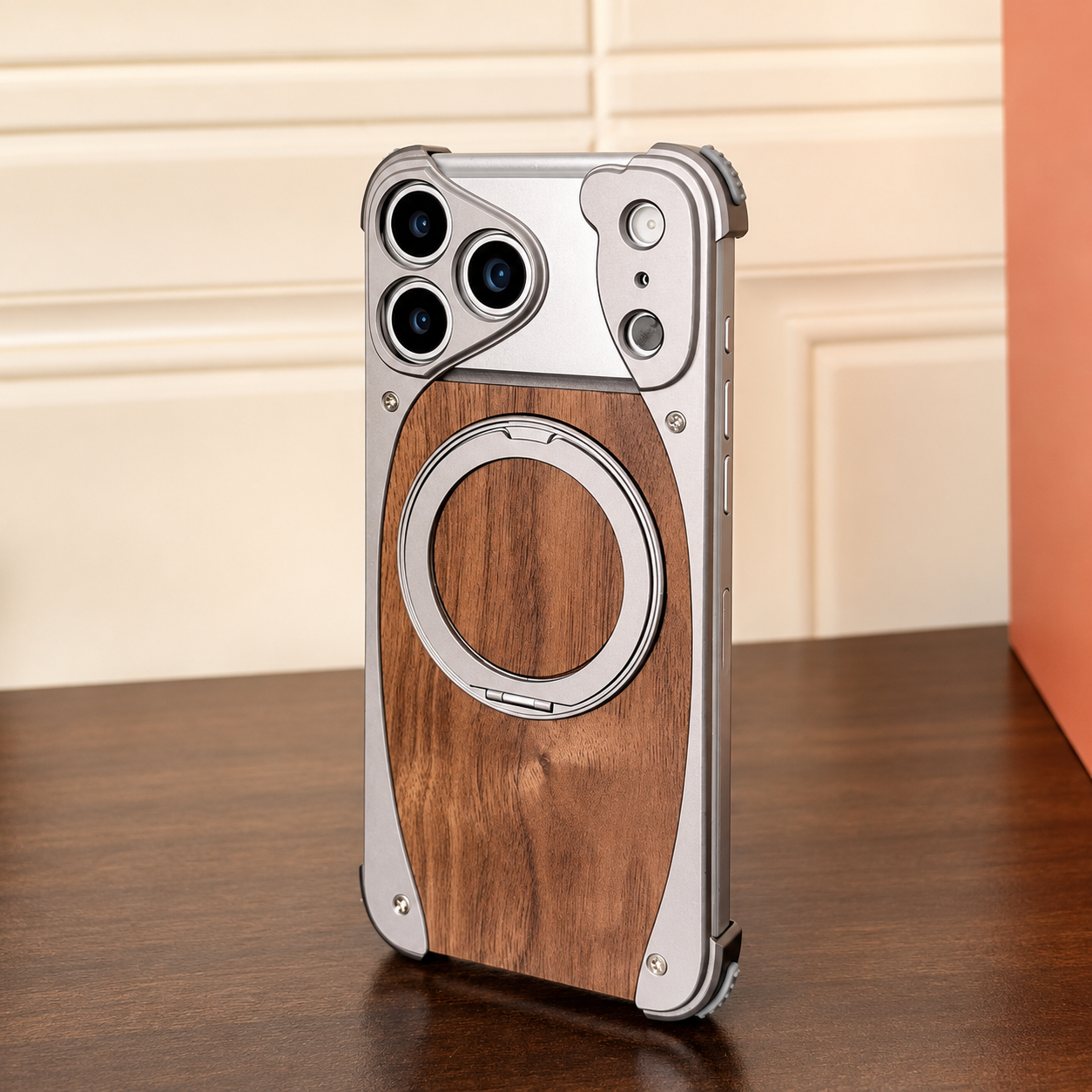 Premium iPhone Case MagSafe Compatible Camera Lens Protection Shockproof Protective Cover Walnut Wood Aluminum Frame Magnetic Stand Design