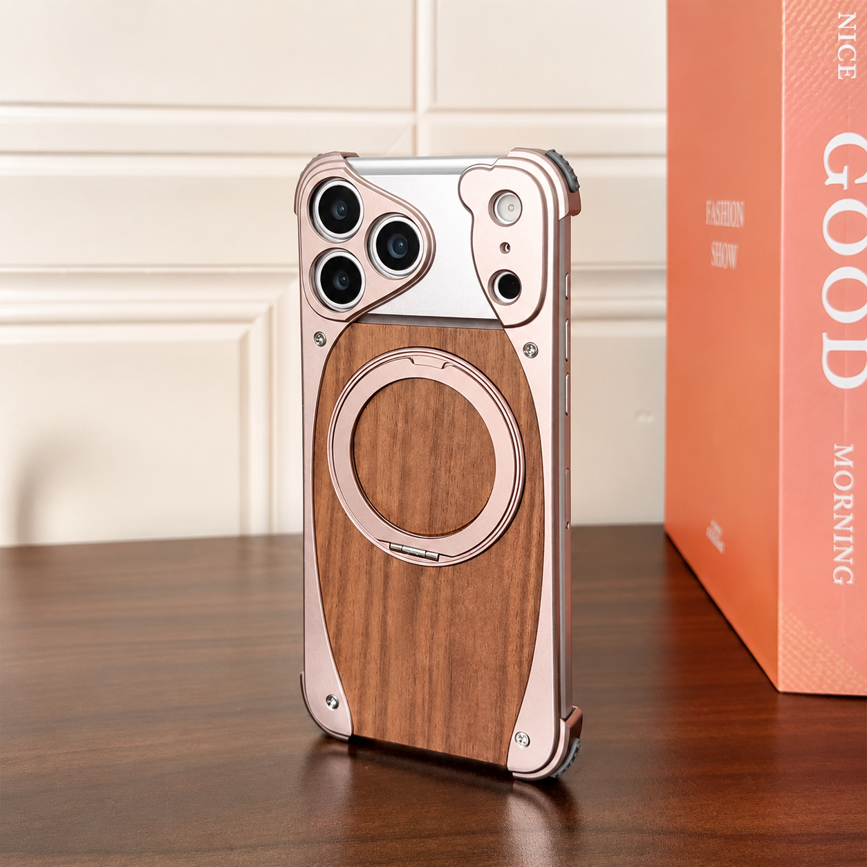 Premium iPhone Case MagSafe Compatible Camera Lens Protection Shockproof Protective Cover Walnut Wood Aluminum Frame Magnetic Stand Design