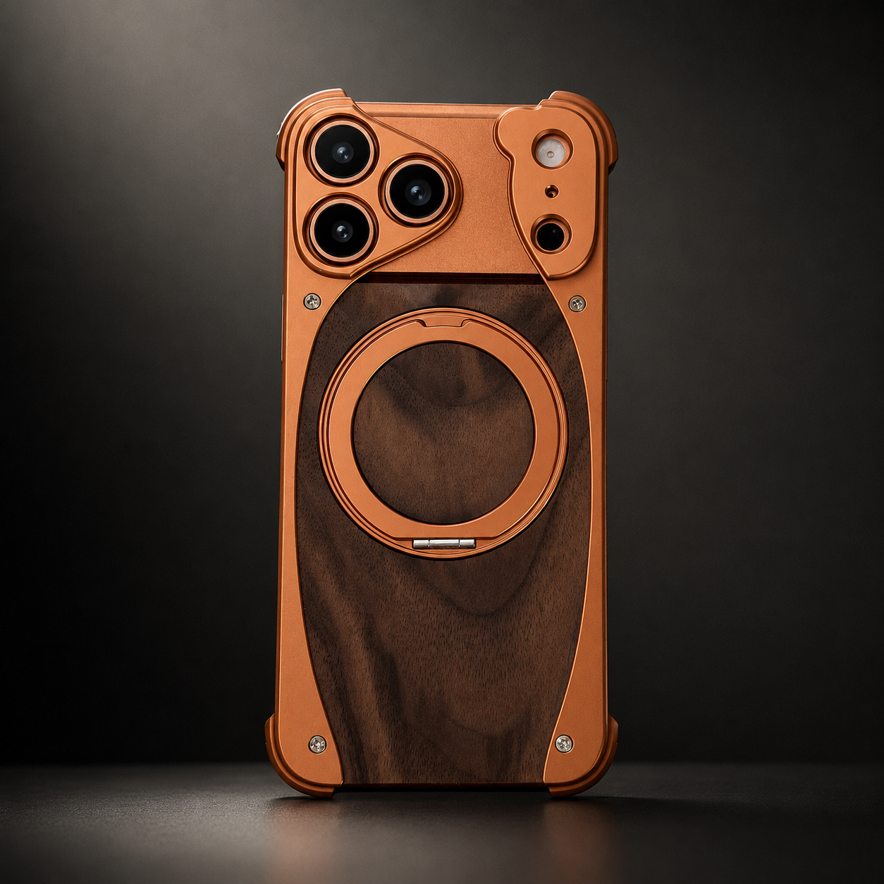 Premium iPhone Case MagSafe Compatible Camera Lens Protection Shockproof Protective Cover Walnut Wood Aluminum Frame Magnetic Stand Design