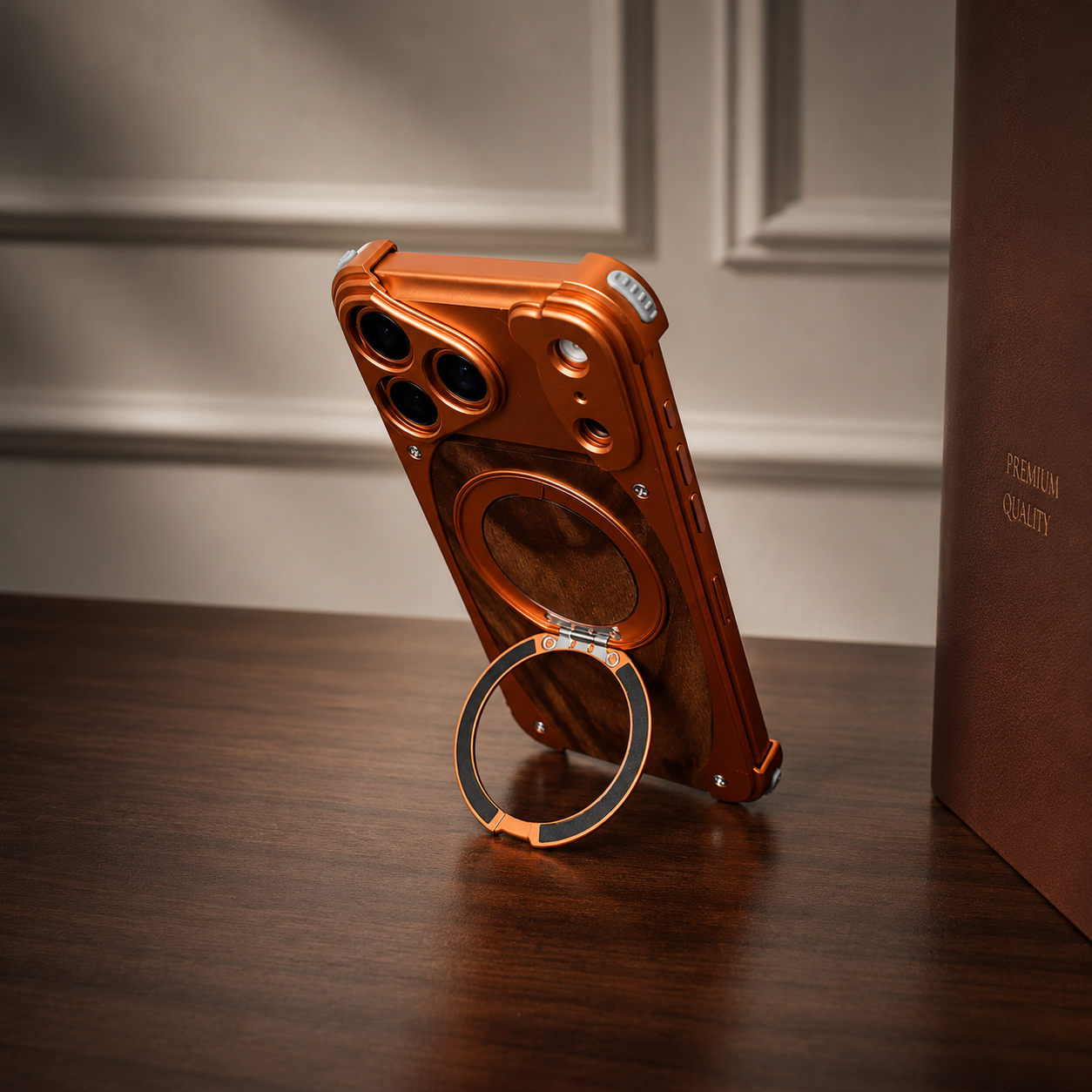 Premium iPhone Case MagSafe Compatible Camera Lens Protection Shockproof Protective Cover Walnut Wood Aluminum Frame Magnetic Stand Design