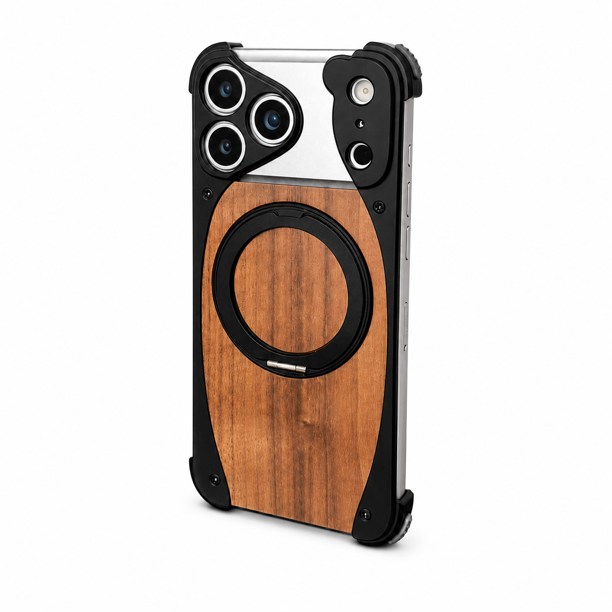 Premium iPhone Case MagSafe Compatible Camera Lens Protection Shockproof Protective Cover Walnut Wood Aluminum Frame Magnetic Stand Design