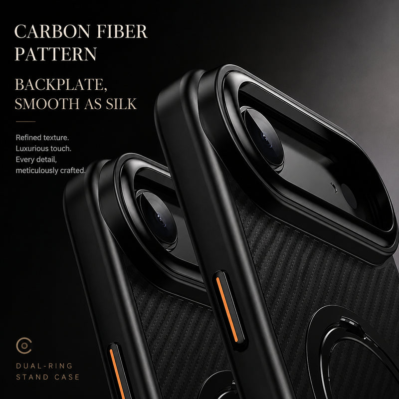 Premium iPhone Case MagSafe Compatible Carbon-Fiber Aramid Style Cover with 360° Ring Stand, Shockproof Airbag Corners and Magnetic Mount Support
