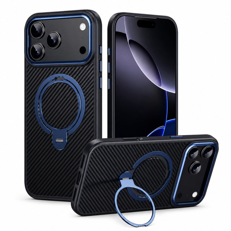 Premium iPhone Case MagSafe Compatible Carbon-Fiber Aramid Style Cover with 360° Ring Stand, Shockproof Airbag Corners and Magnetic Mount Support