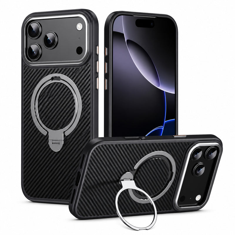 Premium iPhone Case MagSafe Compatible Carbon-Fiber Aramid Style Cover with 360° Ring Stand, Shockproof Airbag Corners and Magnetic Mount Support