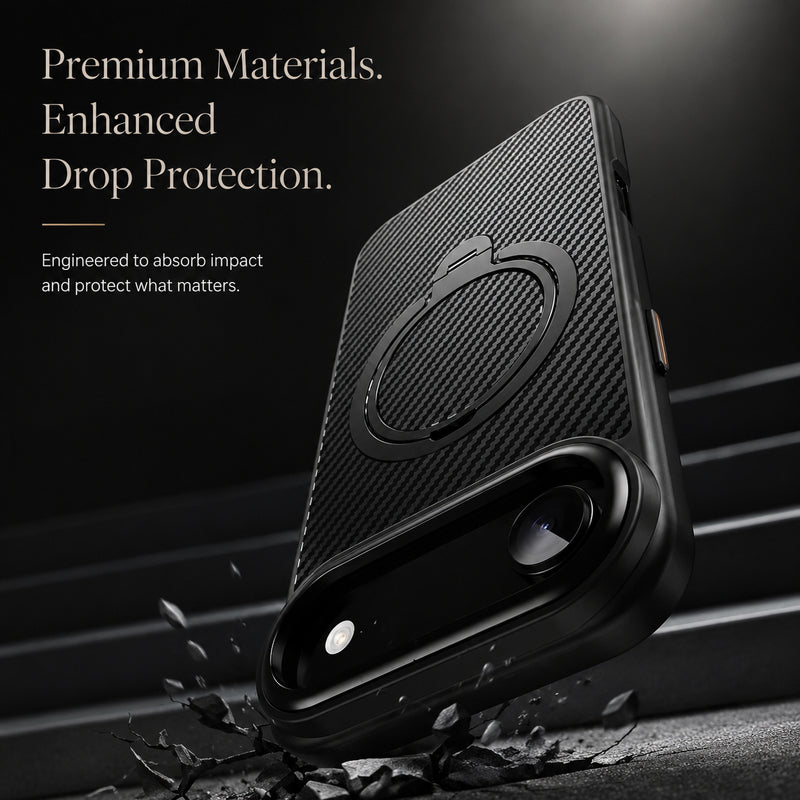 Premium iPhone Case MagSafe Compatible Carbon-Fiber Aramid Style Cover with 360° Ring Stand, Shockproof Airbag Corners and Magnetic Mount Support