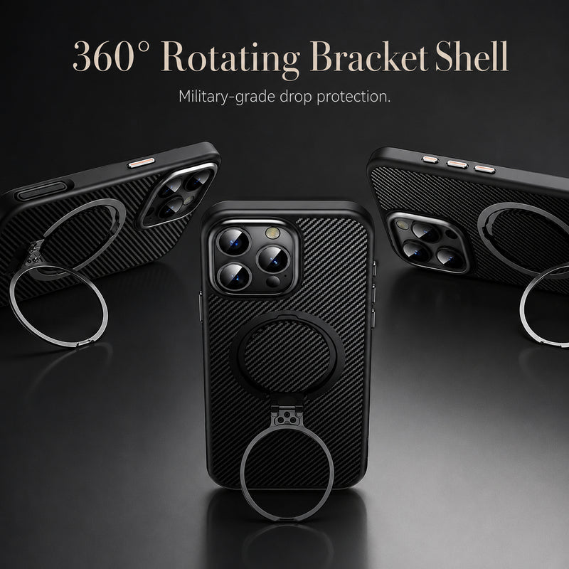 Premium iPhone Case MagSafe Compatible Carbon-Fiber Aramid Style Cover with 360° Ring Stand, Shockproof Airbag Corners and Magnetic Mount Support