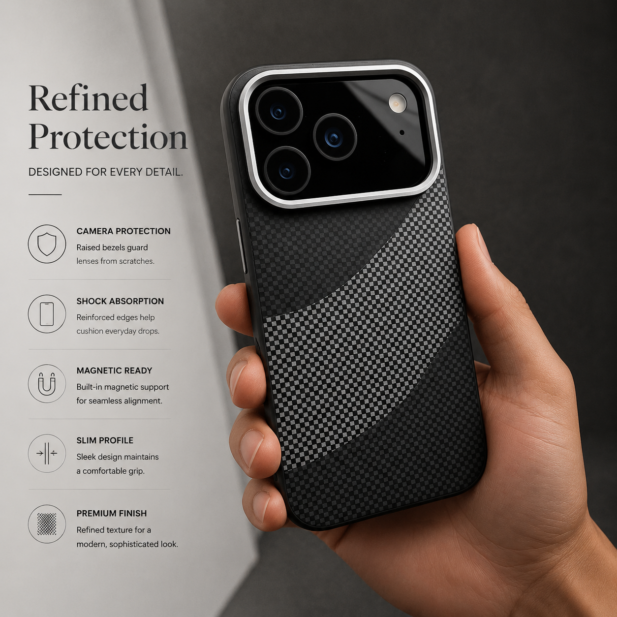 Premium iPhone Case MagSafe Compatible Carbon Fiber Armor with Alloy Lens Protection, Shockproof Non Slip Full Coverage PC Construction, Durable Design