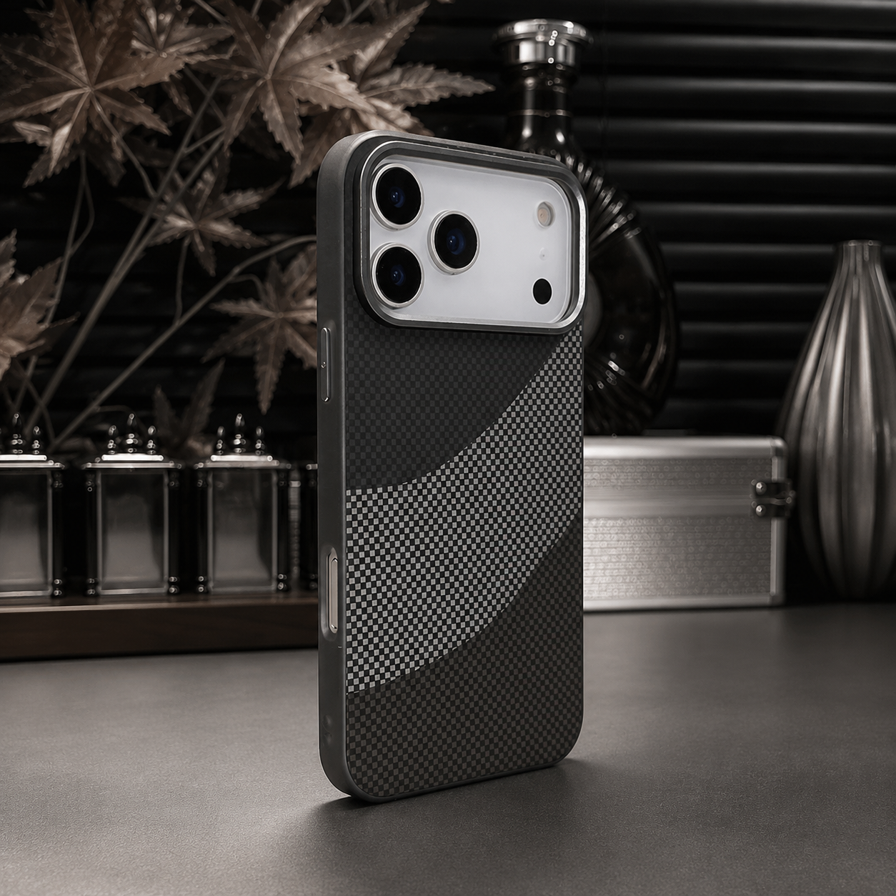 Premium iPhone Case MagSafe Compatible Carbon Fiber Armor with Alloy Lens Protection, Shockproof Non Slip Full Coverage PC Construction, Durable Design