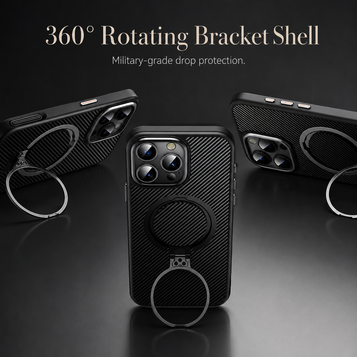 Premium iPhone Case MagSafe Compatible Carbon Fiber Cover with 360 Degree Ring Stand, Shockproof Airbag Protection, Camera Lens Protection and Secure Grip
