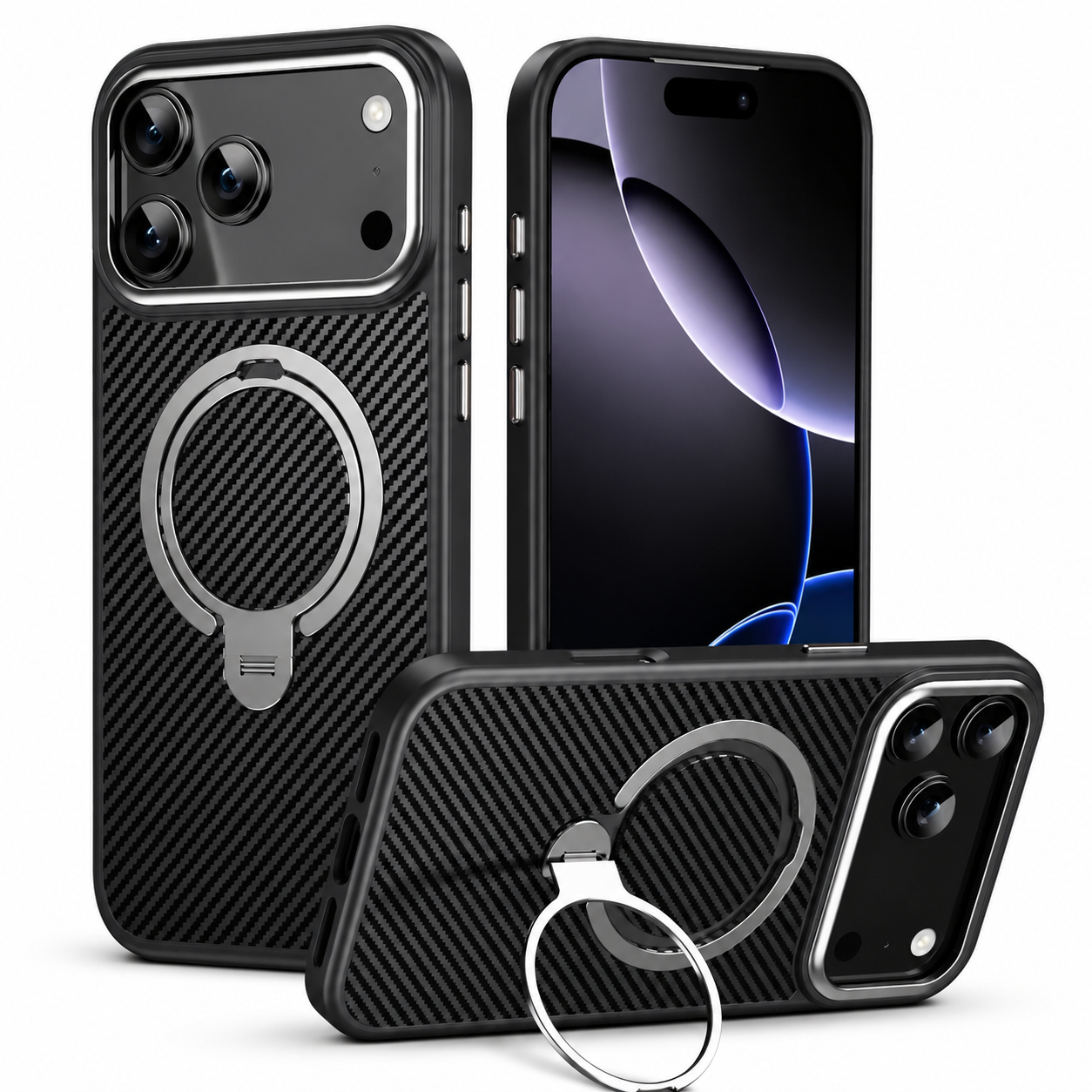 Premium iPhone Case MagSafe Compatible Carbon Fiber Cover with 360 Degree Ring Stand, Shockproof Airbag Protection, Camera Lens Protection and Secure Grip
