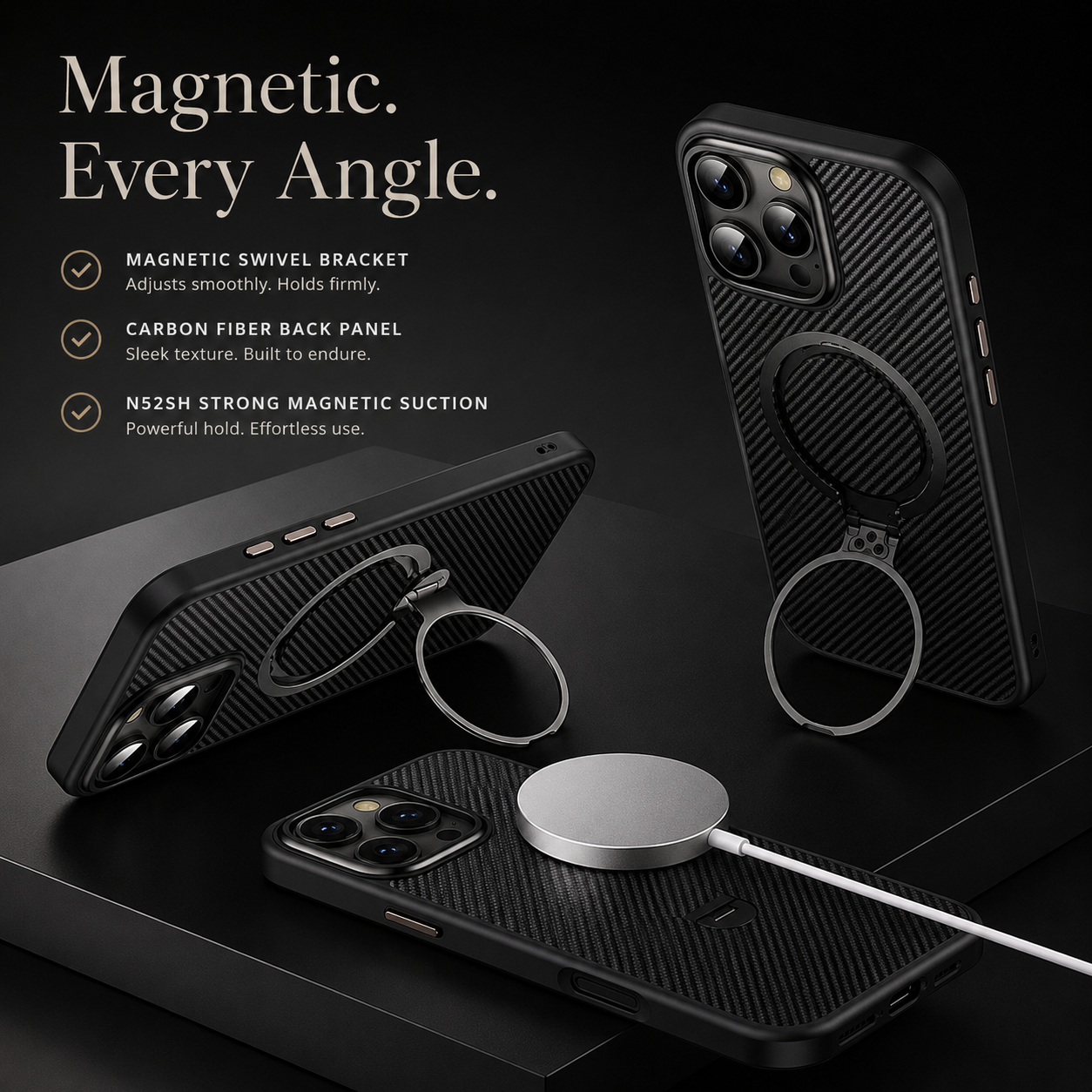Premium iPhone Case MagSafe Compatible Carbon Fiber Cover with 360 Degree Ring Stand, Shockproof Airbag Protection, Camera Lens Protection and Secure Grip