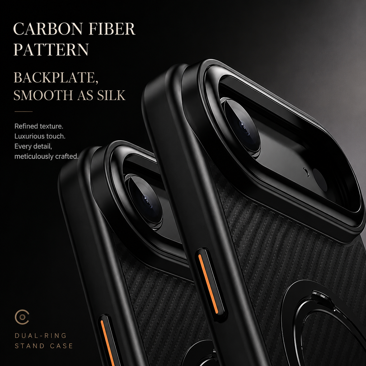 Premium iPhone Case MagSafe Compatible Carbon Fiber Cover with 360 Degree Ring Stand, Shockproof Airbag Protection, Camera Lens Protection and Secure Grip