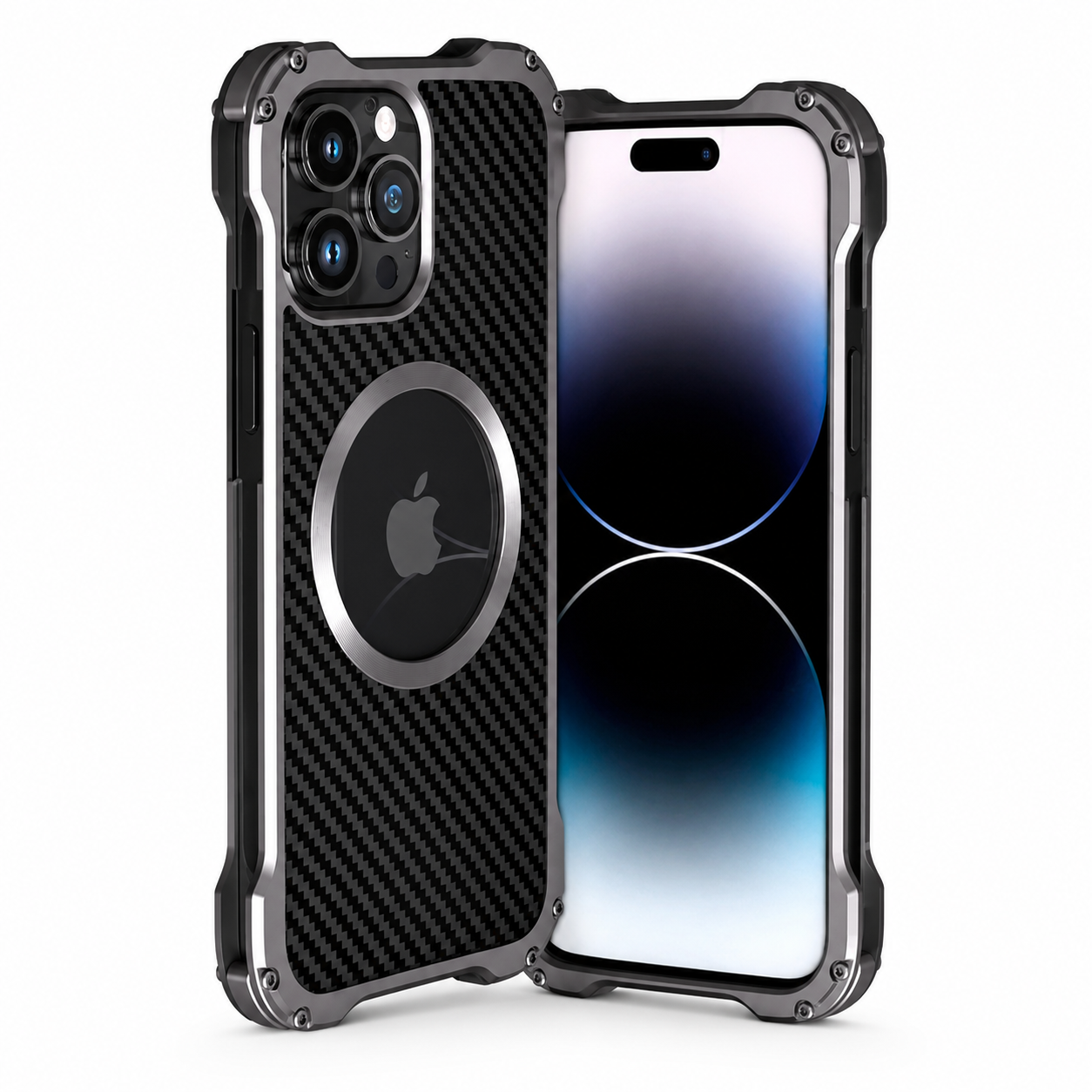 Premium iPhone Case MagSafe Compatible Carbon Fiber Cover with Metal Frame, Shockproof Design, Secure Grip, Camera Lens Protection and Scratch Resistant Build