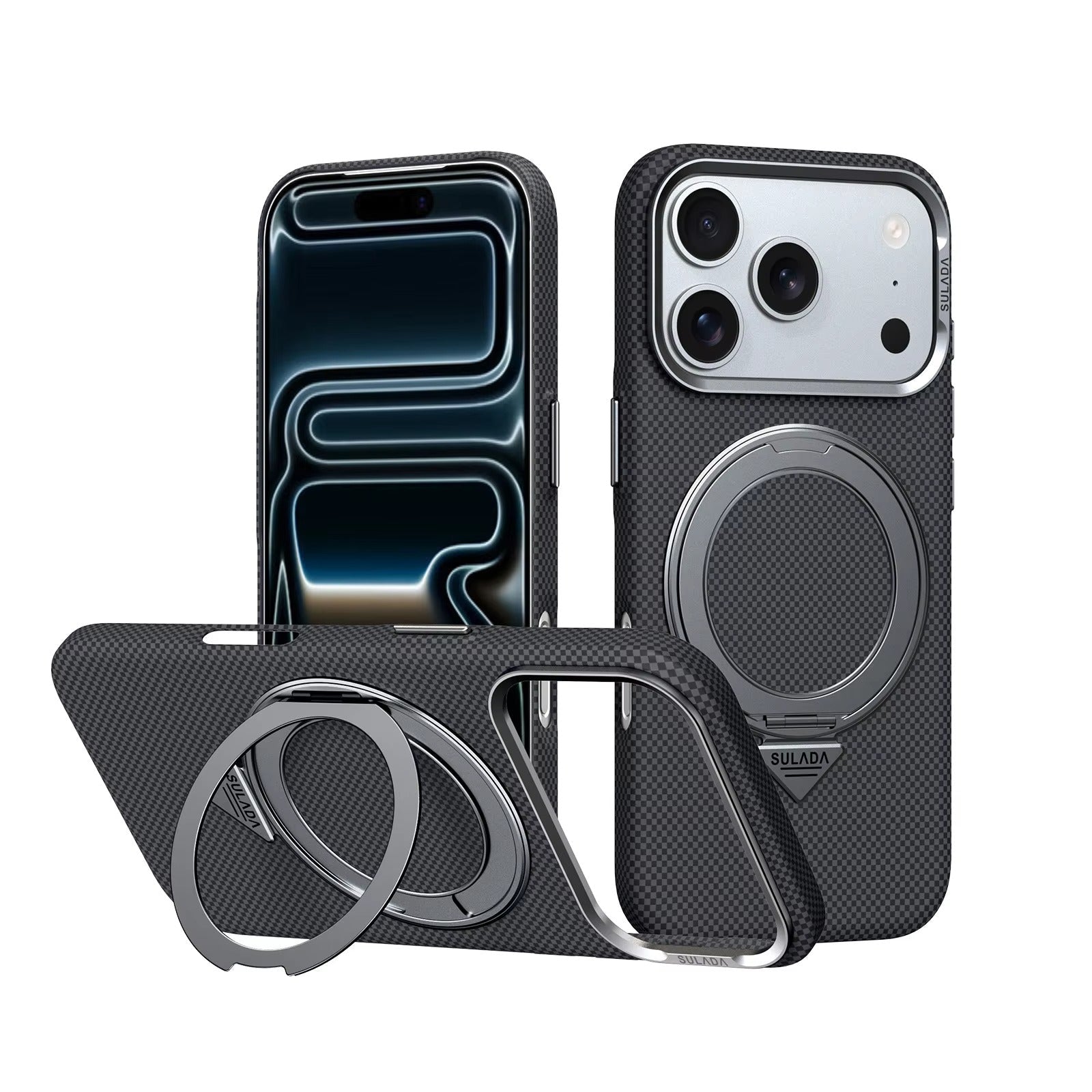 Premium iPhone Case MagSafe Compatible Carbon Fiber Finish, Camera Lens Protection, Integrated Stand Function, Shockproof PC Hard Shell Design