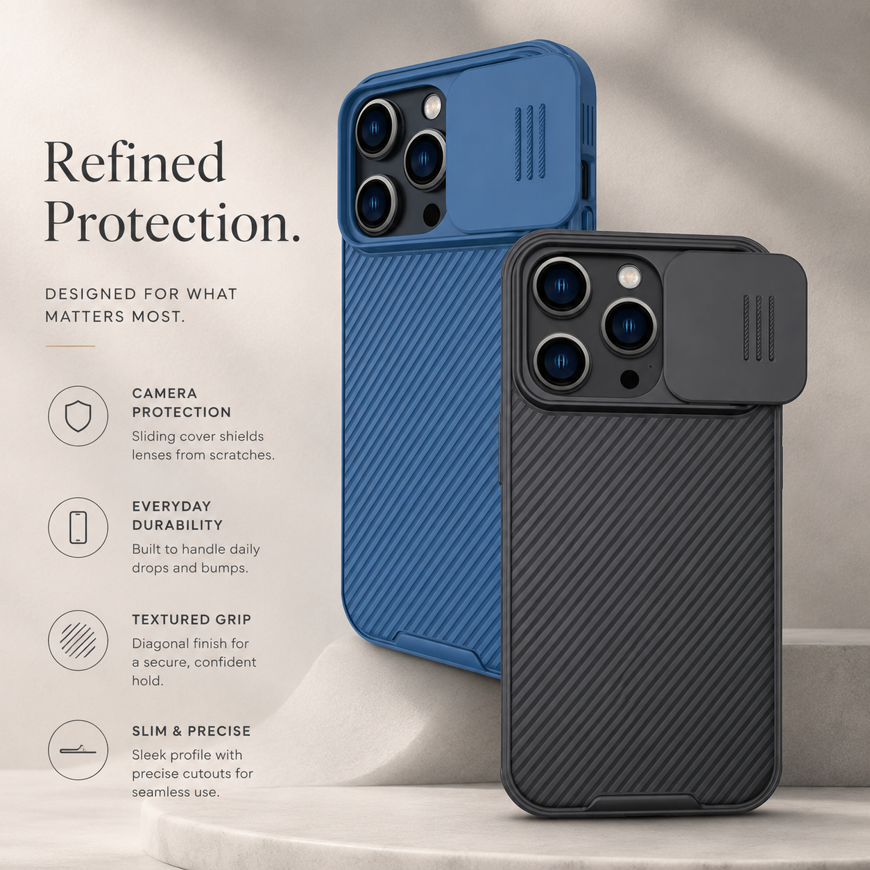 Premium iPhone Case MagSafe Compatible Carbon Fiber Texture Protective Cover Sliding Camera Cover Camera Lens Protection Shockproof Slim Design