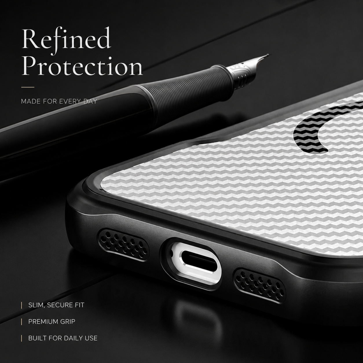 Premium iPhone Case MagSafe Compatible Carbon Fiber Textured Bumper with Camera Lens Protection, Shockproof Non Slip Grip, Durable Everyday Design