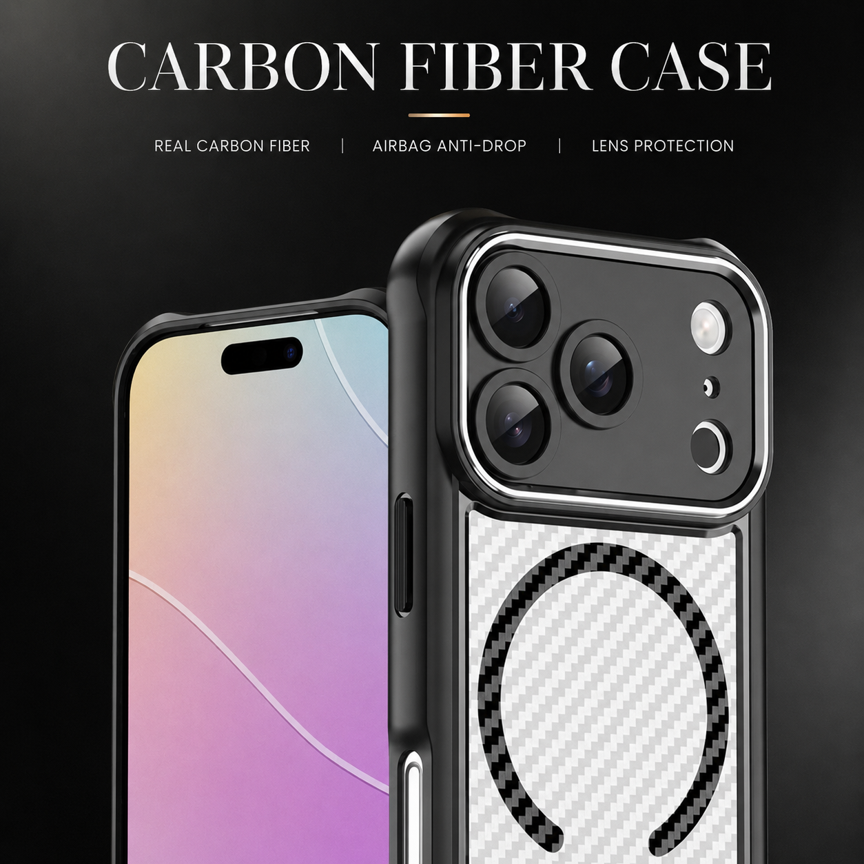 Premium iPhone Case MagSafe Compatible Carbon Fiber Textured Bumper with Camera Lens Protection, Shockproof Non Slip Grip, Durable Everyday Design