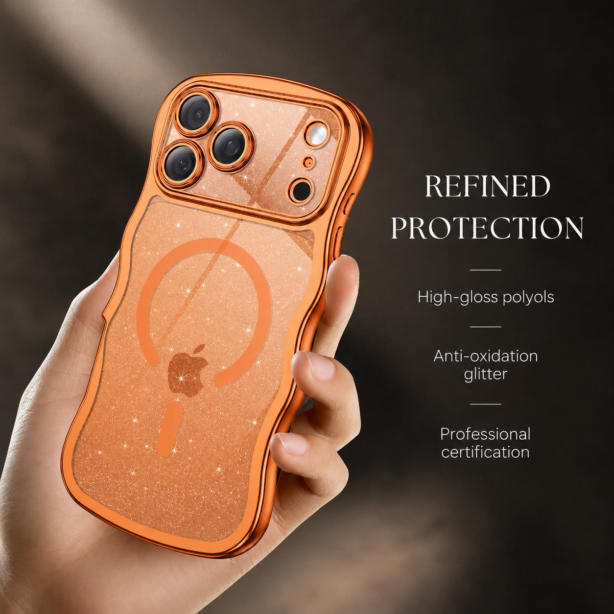 Premium iPhone Case MagSafe Compatible Clear Glitter Cover with Plated Wavy Frame, Camera Lens Protection, Secure Grip and Scratch Resistant Design