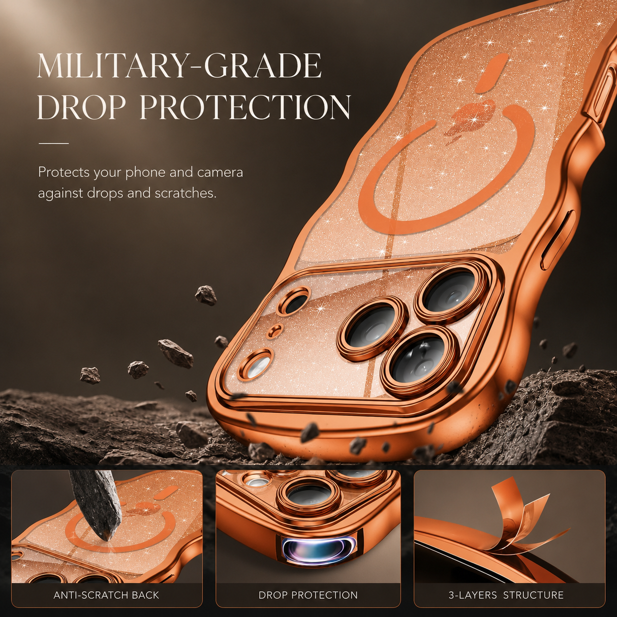 Premium iPhone Case MagSafe Compatible Clear Glitter Cover with Plated Wavy Frame, Camera Lens Protection, Secure Grip and Scratch Resistant Design