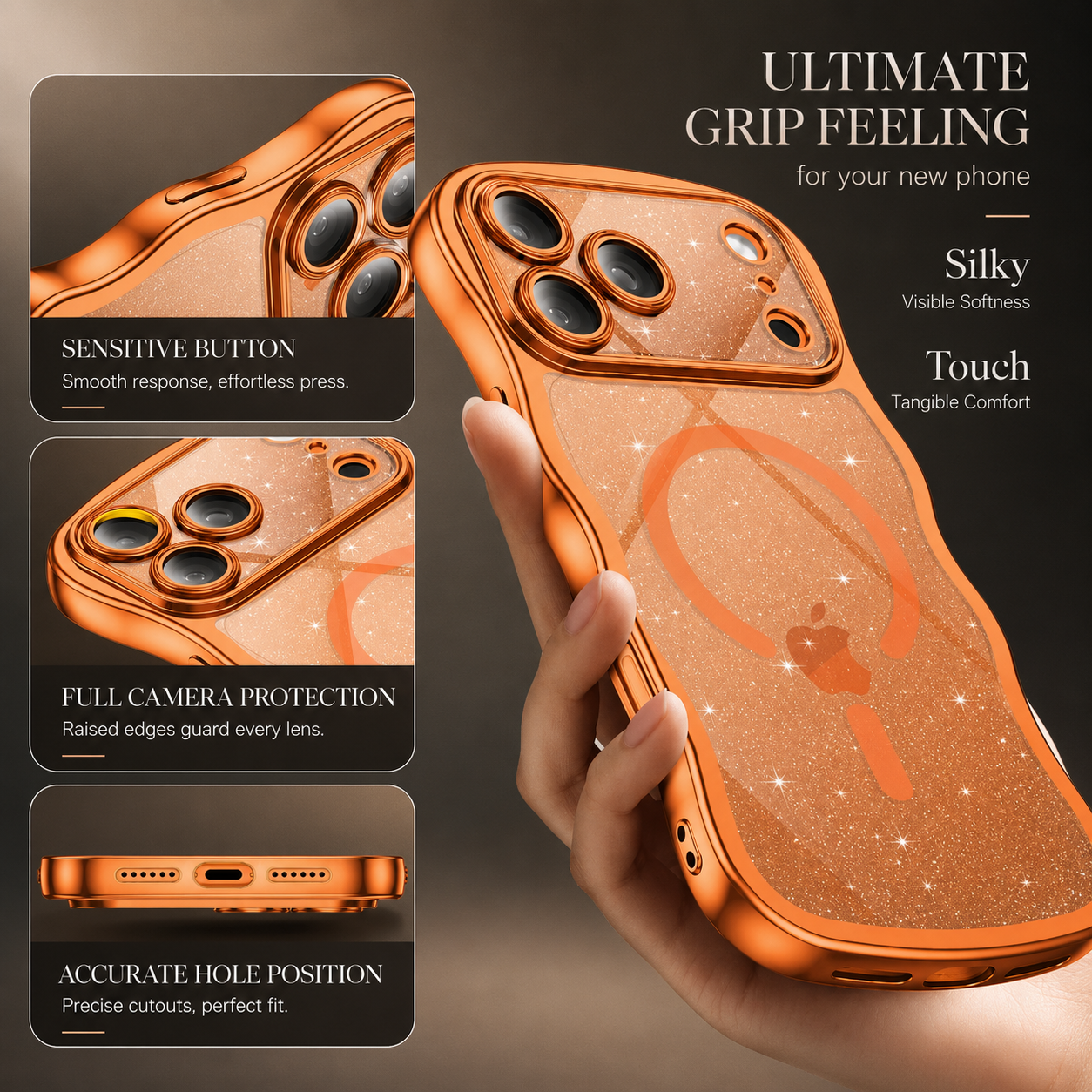 Premium iPhone Case MagSafe Compatible Clear Glitter Cover with Plated Wavy Frame, Camera Lens Protection, Secure Grip and Scratch Resistant Design