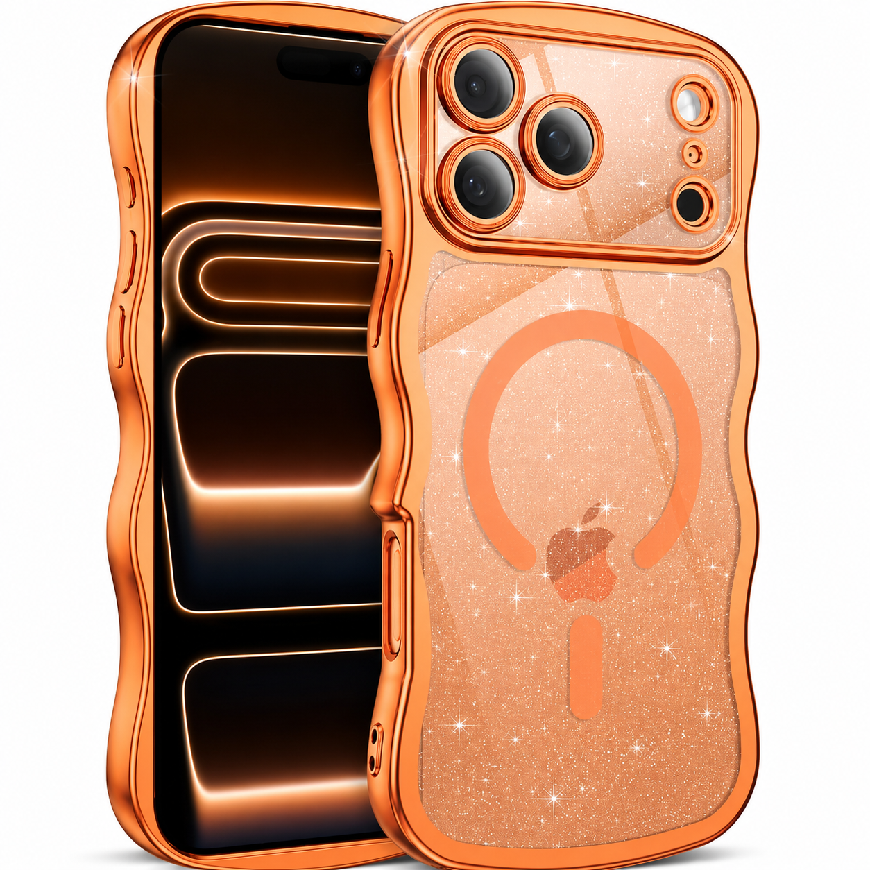 Premium iPhone Case MagSafe Compatible Clear Glitter Cover with Plated Wavy Frame, Camera Lens Protection, Secure Grip and Scratch Resistant Design