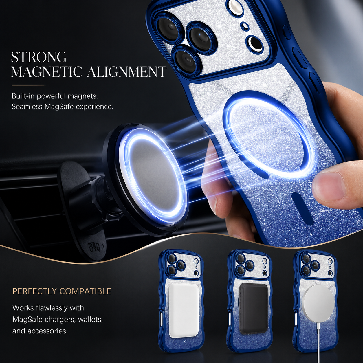 Premium iPhone Case MagSafe Compatible Clear Protective Cover Camera Lens Guard Wave Frame Anti Scratch Non Slip Grip DIY Glitter Style Design