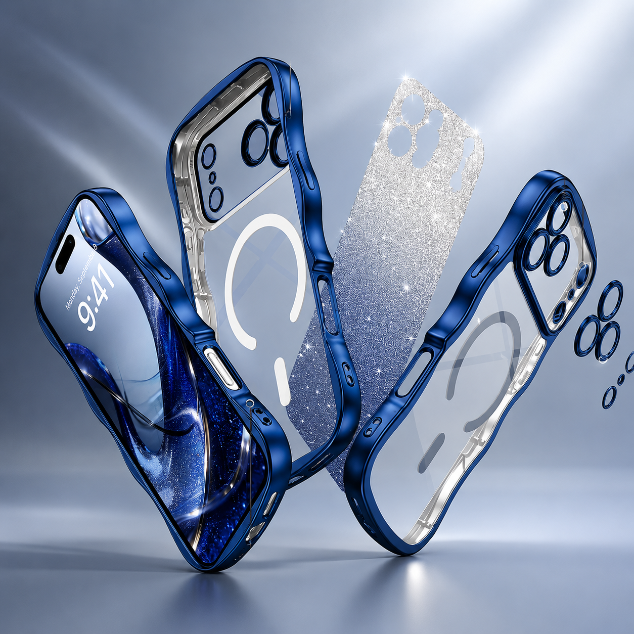 Premium iPhone Case MagSafe Compatible Clear Protective Cover Camera Lens Guard Wave Frame Anti Scratch Non Slip Grip DIY Glitter Style Design