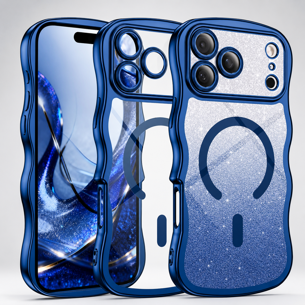 Premium iPhone Case MagSafe Compatible Clear Protective Cover Camera Lens Guard Wave Frame Anti Scratch Non Slip Grip DIY Glitter Style Design