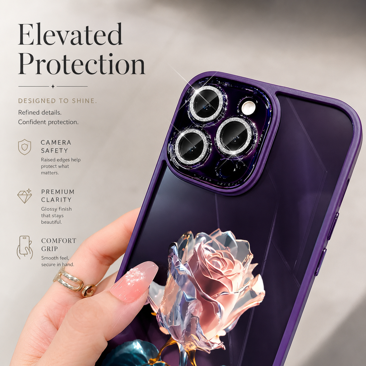 Premium iPhone Case MagSafe Compatible Crystal Rose Diamond Protective Cover Camera Lens Protection Shockproof Glitter Design Slim Profile