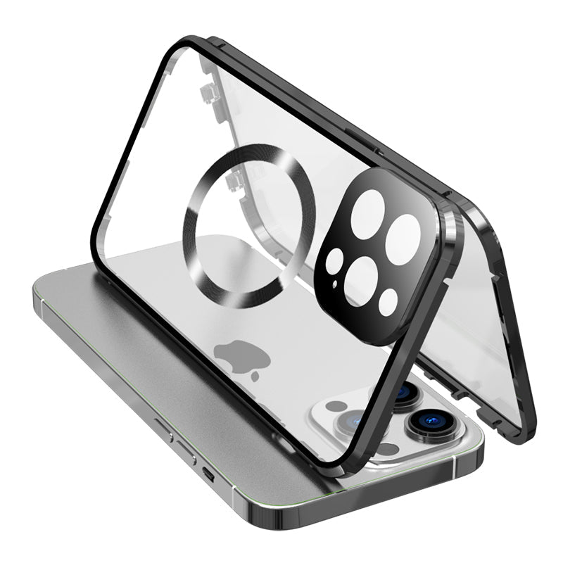Premium iPhone Case MagSafe Compatible Double Sided Tempered Glass Protective Cover 360 Full Body Camera Lens Protection Shockproof Metal Frame Slim Profile