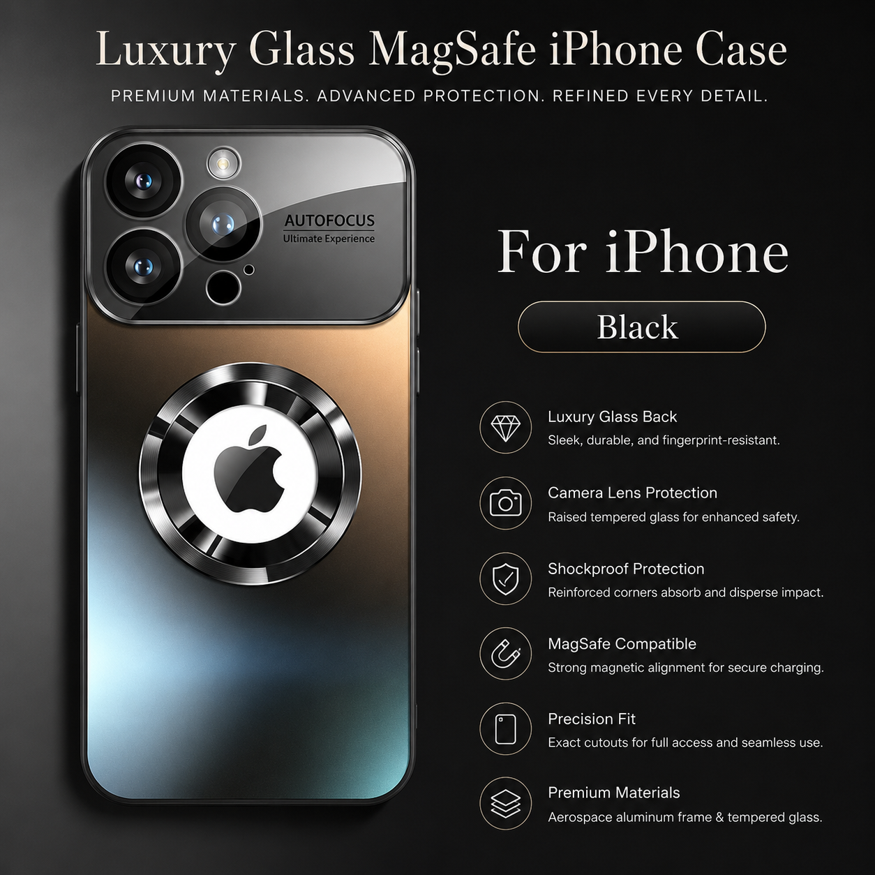 Premium iPhone Case MagSafe Compatible Electroplated Glass Protective Cover Camera Lens Protection Shockproof Reflective Hard Back Slim Design