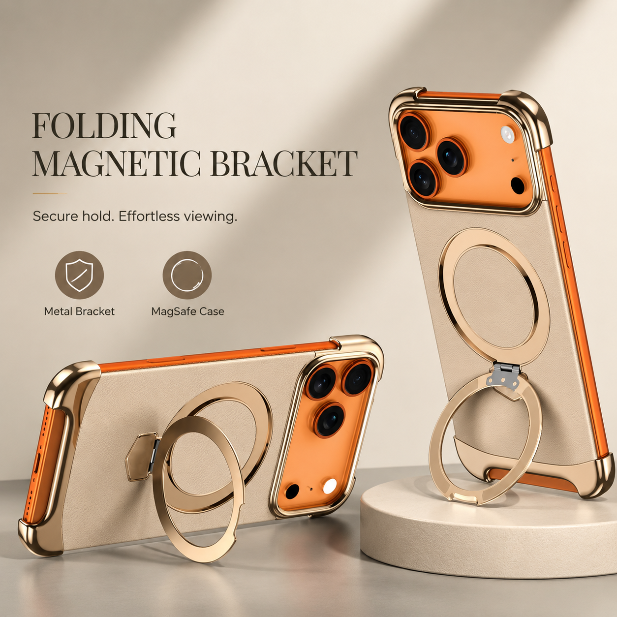 Premium iPhone Case MagSafe Compatible Frameless Magnetic Cover Ultra Thin Leather Back Metal Bumper Kickstand Shockproof Camera Lens Guard Design