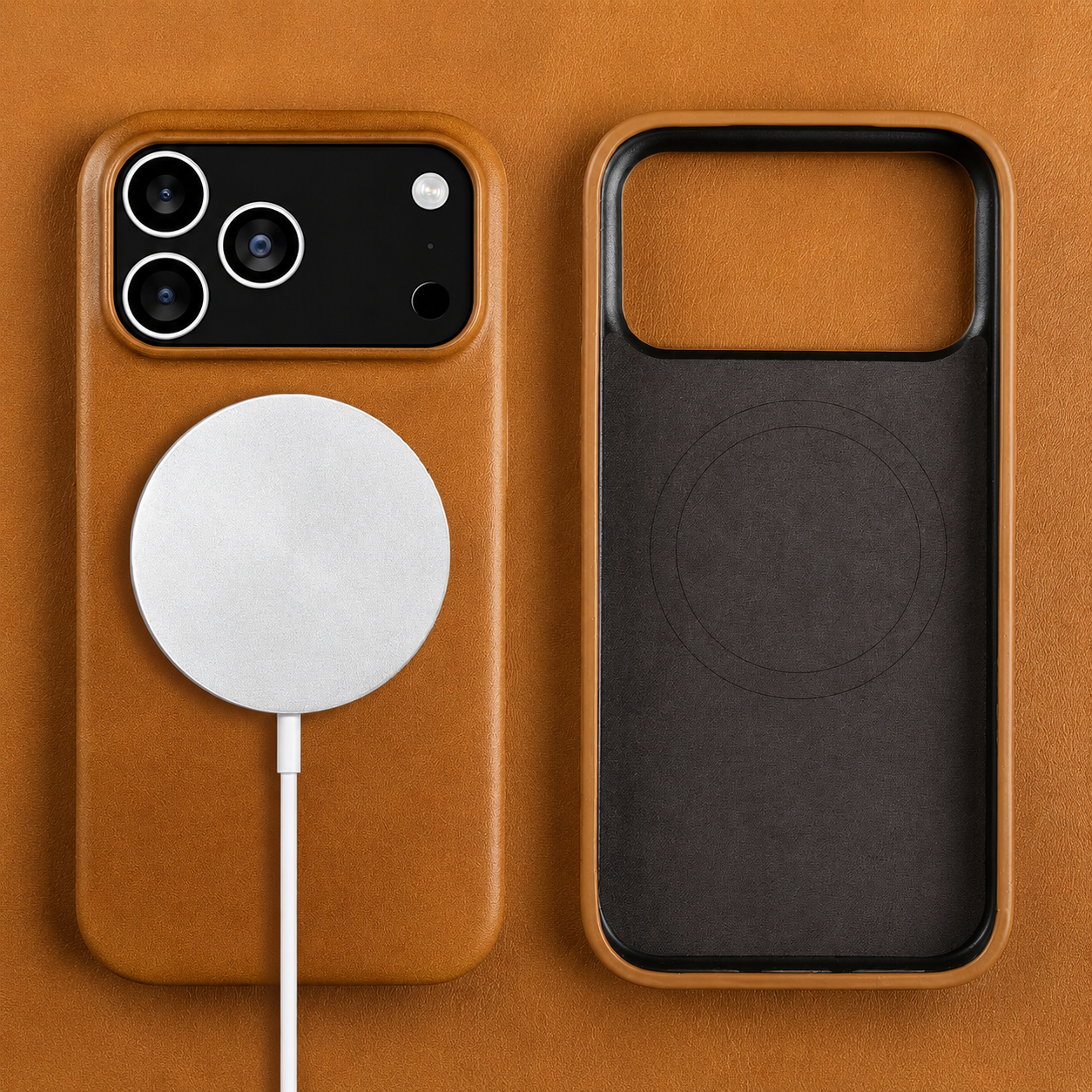 Premium iPhone Case MagSafe Compatible Genuine Leather Cover with Camera Lens Protection, Shockproof Full Coverage Design and Anti Slip Finish