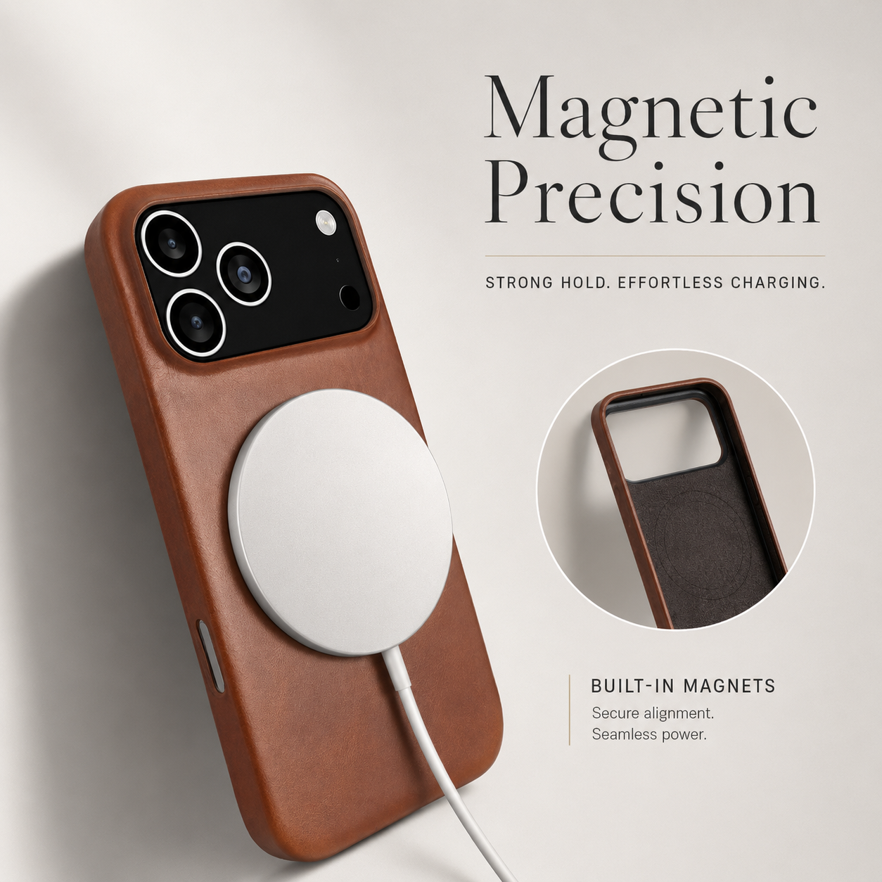 Premium iPhone Case MagSafe Compatible Genuine Leather Cover with Camera Lens Protection, Shockproof Full Coverage Design and Anti Slip Finish