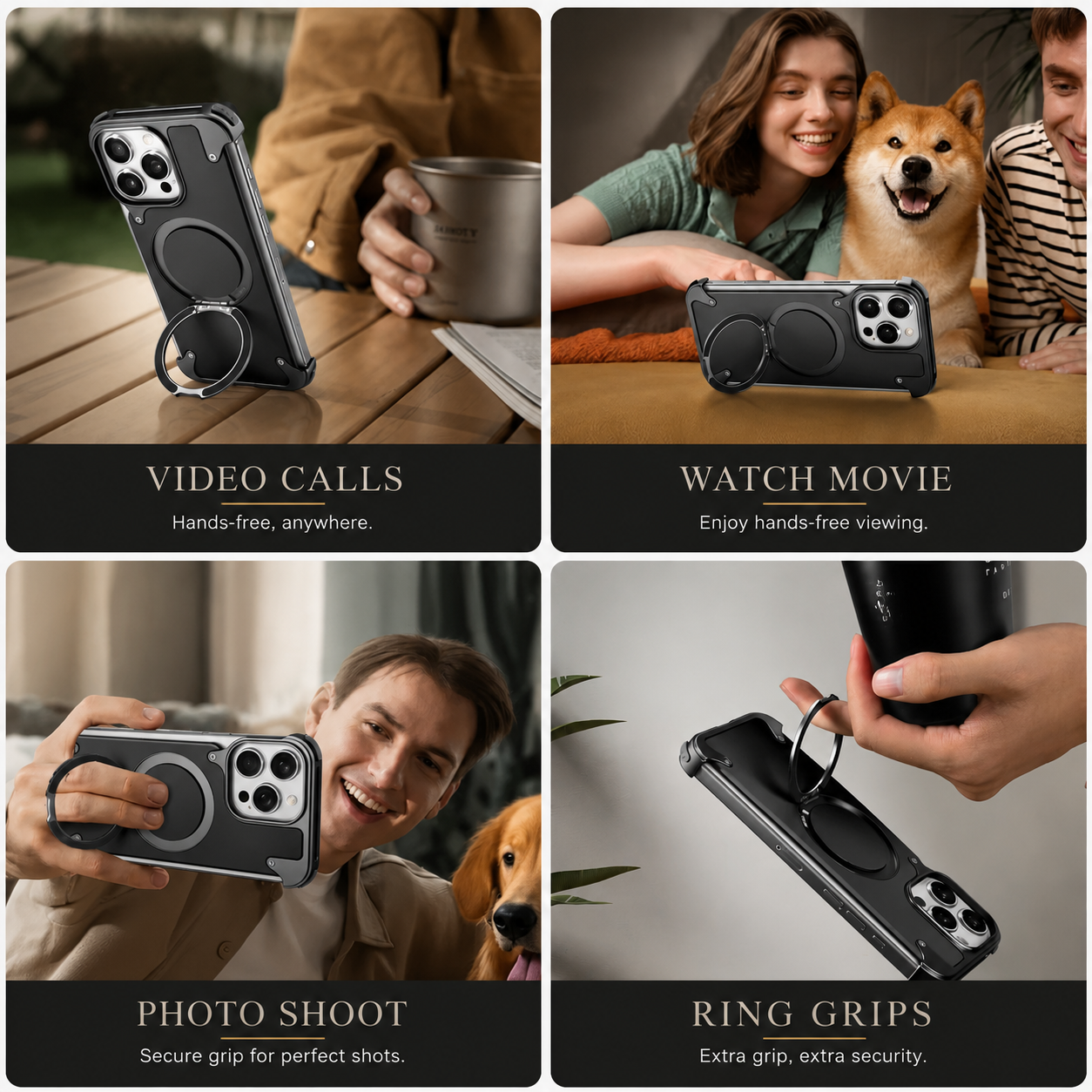 Premium iPhone Case MagSafe Compatible Genuine Leather Magnetic Cover Rotating Stand Ring Shockproof Anti Drop Frameless Wireless Charging Grip